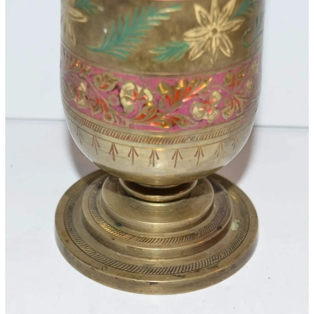 Vtg Brass Colorful Etched Vase Red & Green Footed Made India